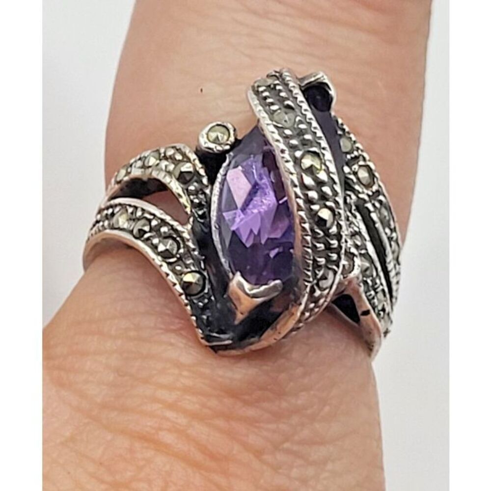 Sterling Silver Amethyst Marquise Cut Marcasite Wrapped Ring sz 6.5